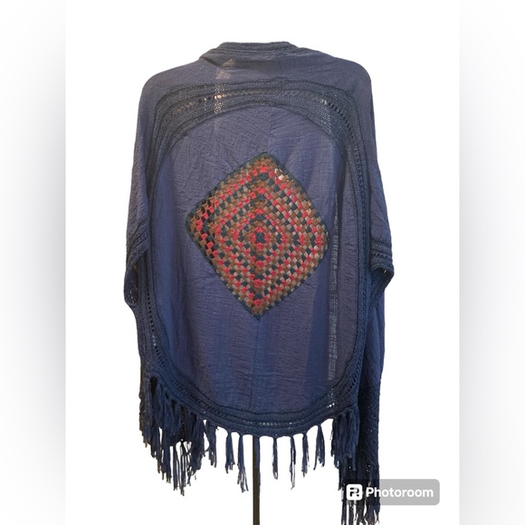 ODDY Boho Navy Fringe Linen Blend Kimono. One Size. NWT - Picture 6 of 10